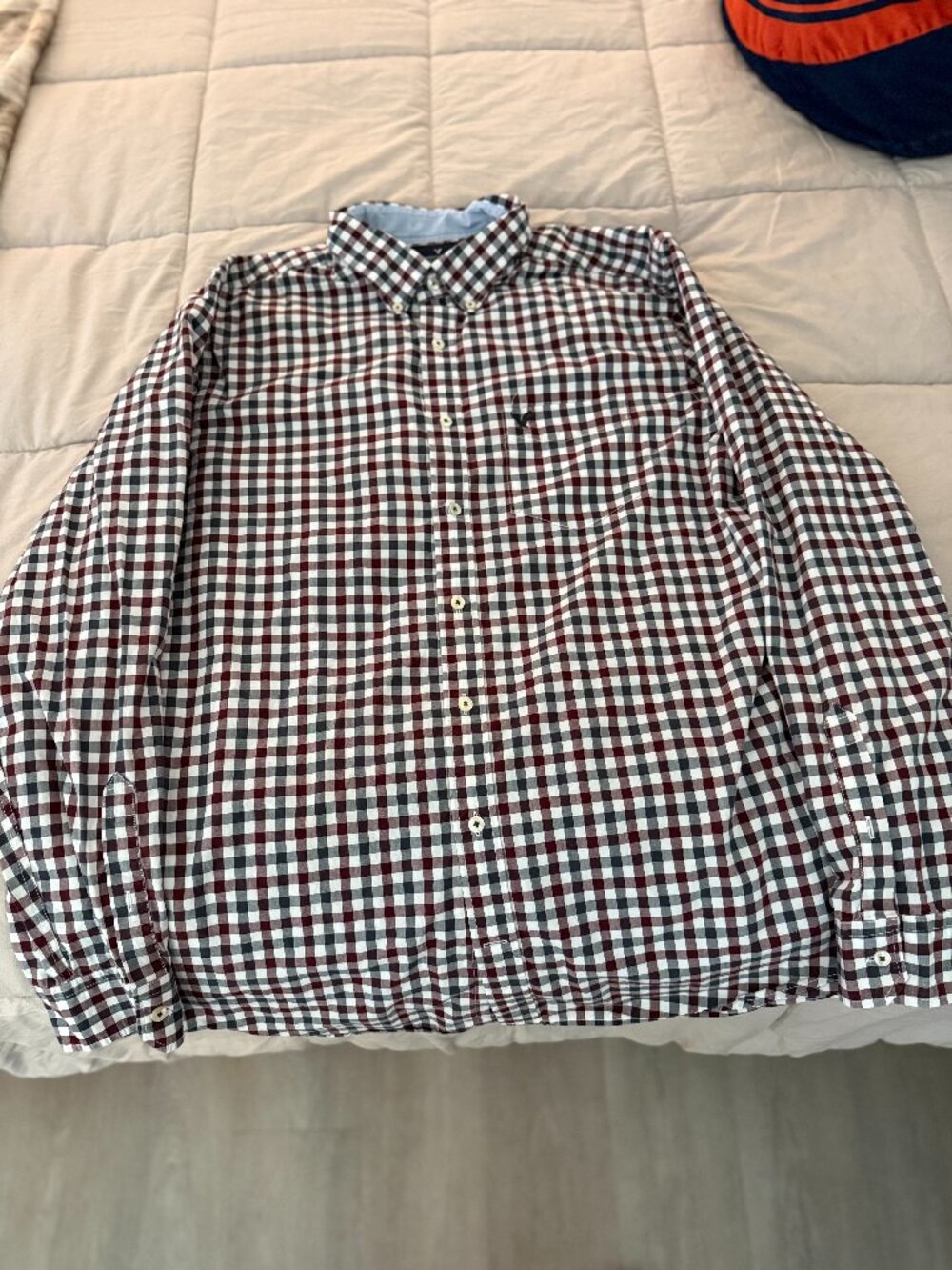 American Eagle Outfitters Mens XL Classic Fit Burgundy Gray Check Button Shirt